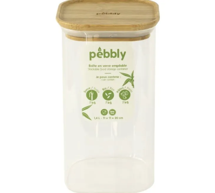 Boîte de conservation carrée - en verre et bambou 1.4L - PEBBLY