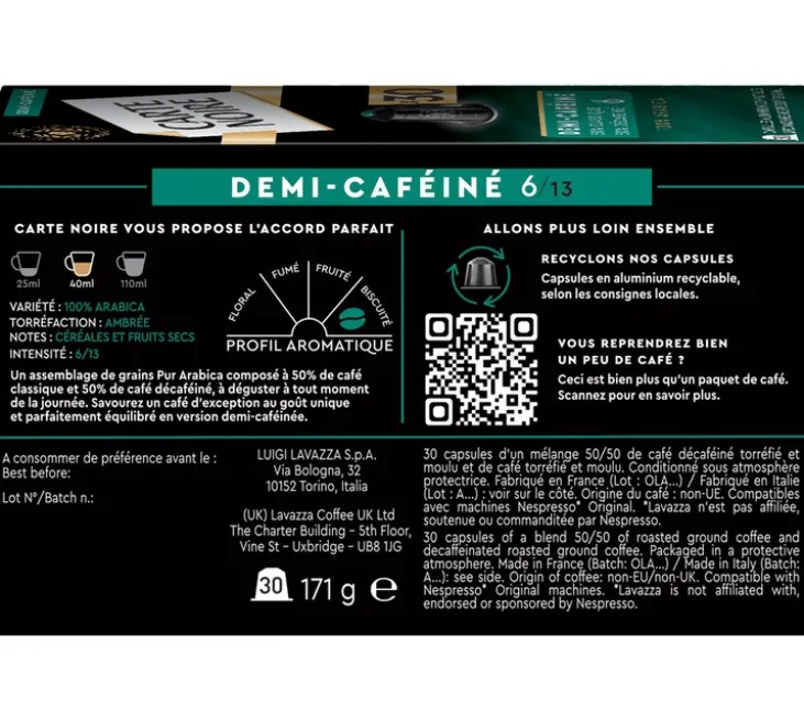 30 capsules compatibles Nespresso* Original Demi-caféiné - CARTE NOIRE