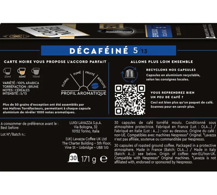 90 capsules compatibles Nespresso* Original Espresso Décaféiné - CARTE NOIRE