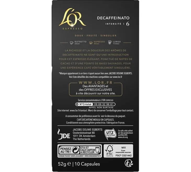 50 capsules compatibles Nespresso* Original Decaffeinato - L'OR ESPRESSO