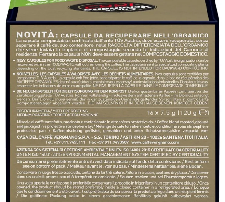 16 Capsules compostables compatibles A Modo Mio Lavazza Oro - CAFFE VERGNANO