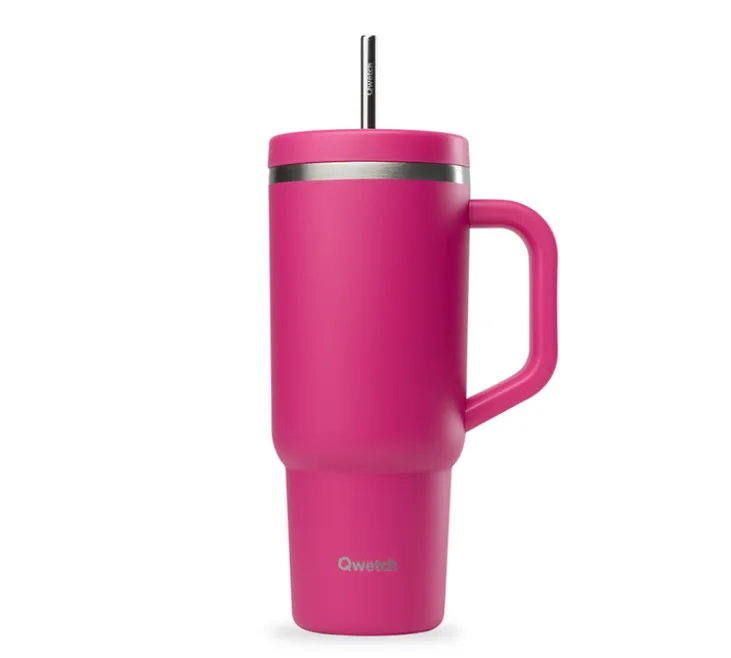 Gourde isotherme avec paille Travel cup magenta - 90 cl - QWETCH