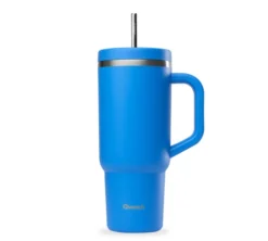 Gourde isotherme avec paille Travel cup bleu azur - 90 cl - QWETCH