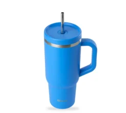 Gourde isotherme avec paille Travel cup bleu azur - 90 cl - QWETCH