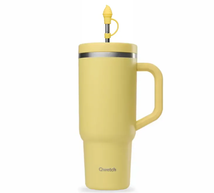 Gourde isotherme avec paille et embout - Travel cup jaune citron - 90 cl - QWETCH