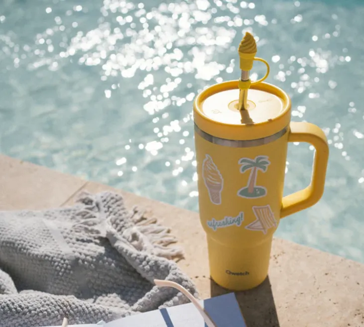 Gourde isotherme avec paille et embout - Travel cup jaune citron - 90 cl - QWETCH