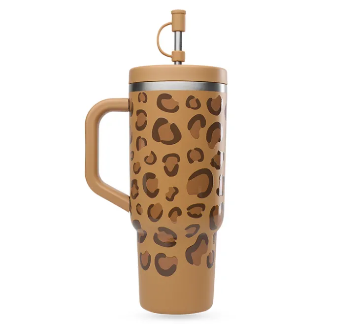 Gourde isotherme avec paille Travel cup camel léopard - 90 cl - QWETCH
