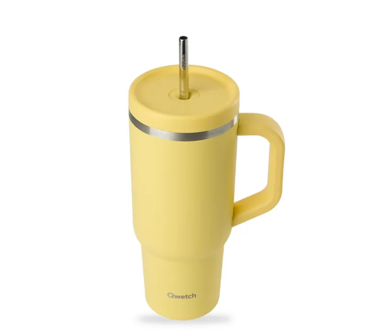 Gourde isotherme avec paille Travel cup jaune citron - 90 cl - QWETCH