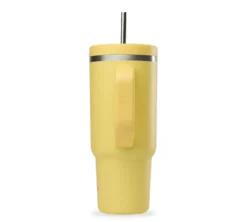 Gourde isotherme avec paille Travel cup jaune citron - 90 cl - QWETCH