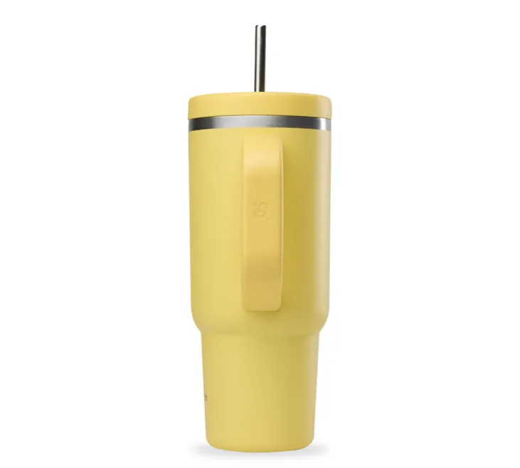 Gourde isotherme avec paille Travel cup jaune citron - 90 cl - QWETCH