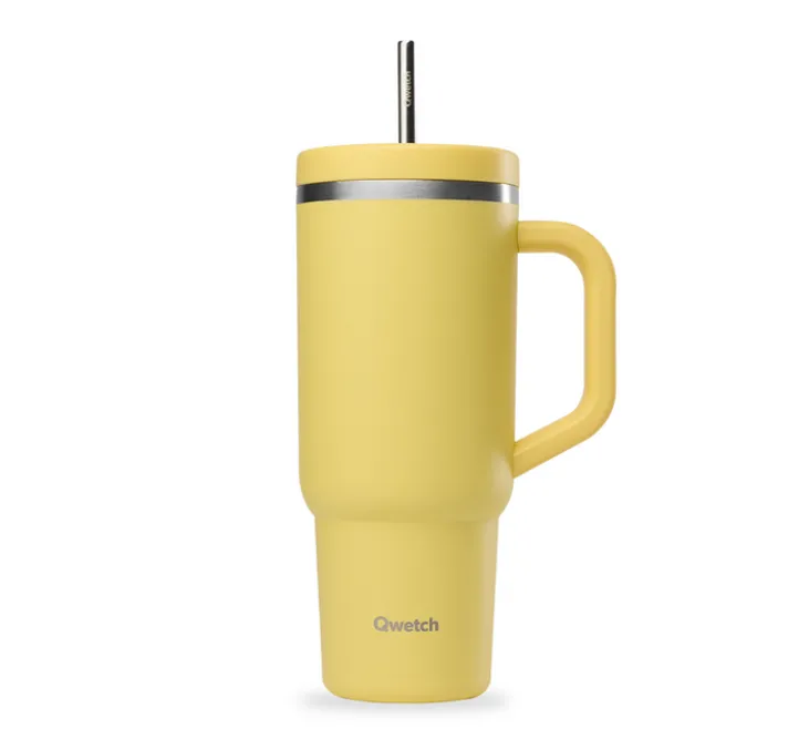 Gourde isotherme avec paille Travel cup jaune citron - 90 cl - QWETCH