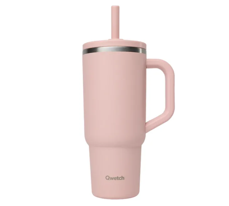 Gourde isotherme paille et bouchon étanche rose pastel - 90 cl - QWETCH