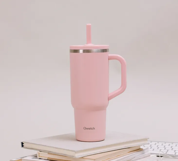 Gourde isotherme paille et bouchon étanche rose pastel - 90 cl - QWETCH