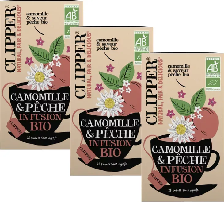 Pack Infusion Camomille Pêche Bio - 3 x 20 sachets - CLIPPER