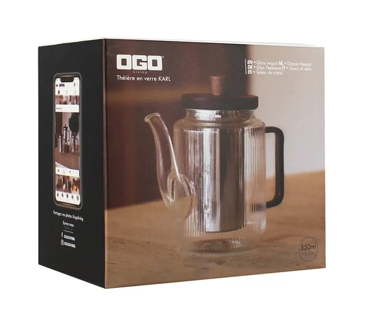 Théière en verre 550 ml Gris fumé avec couvercle en bois acacia OGO Living