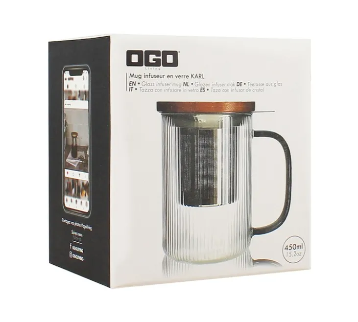 Tisanière en verre 475ml Gris fumé et couvercle bois acacia - OGO living